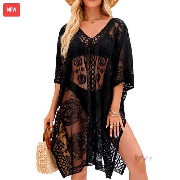 Other - Loose Fit V-Neck Lace Beach Cover Up Dress, Polyester, One Size